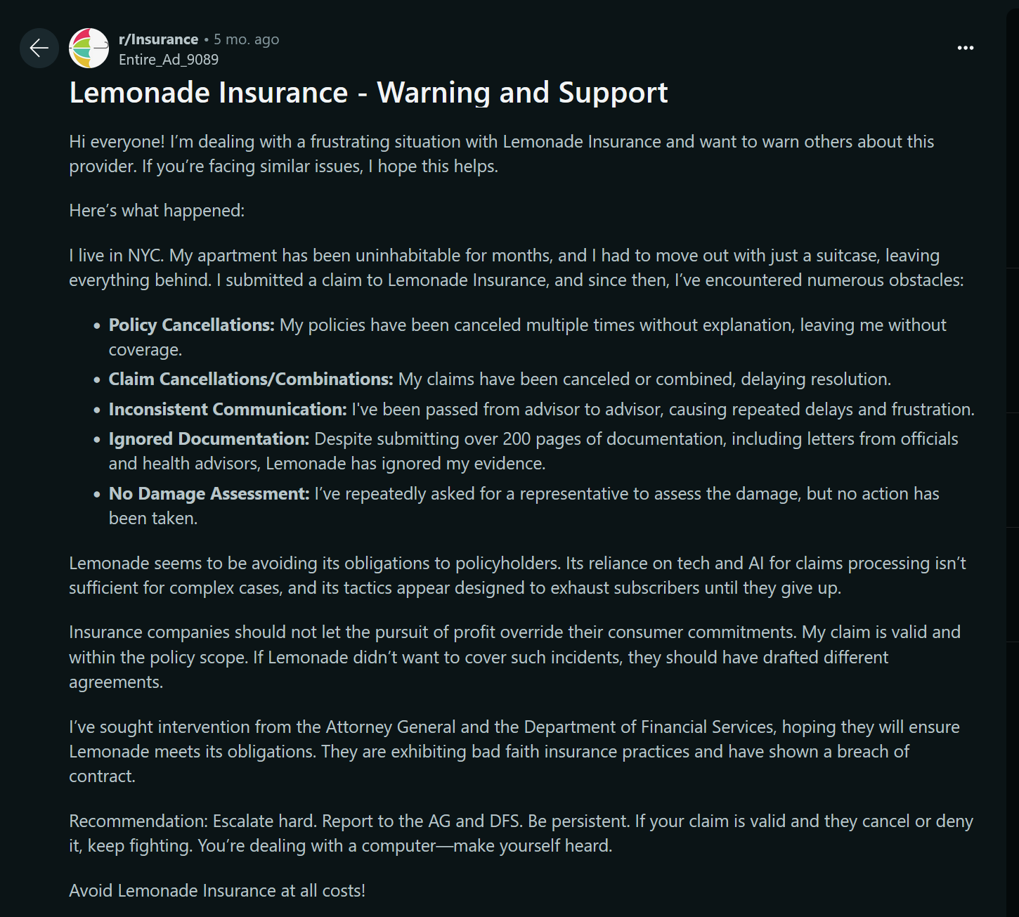 Lemonade Insurance warning and support - Example of insurance company bad faith practices
