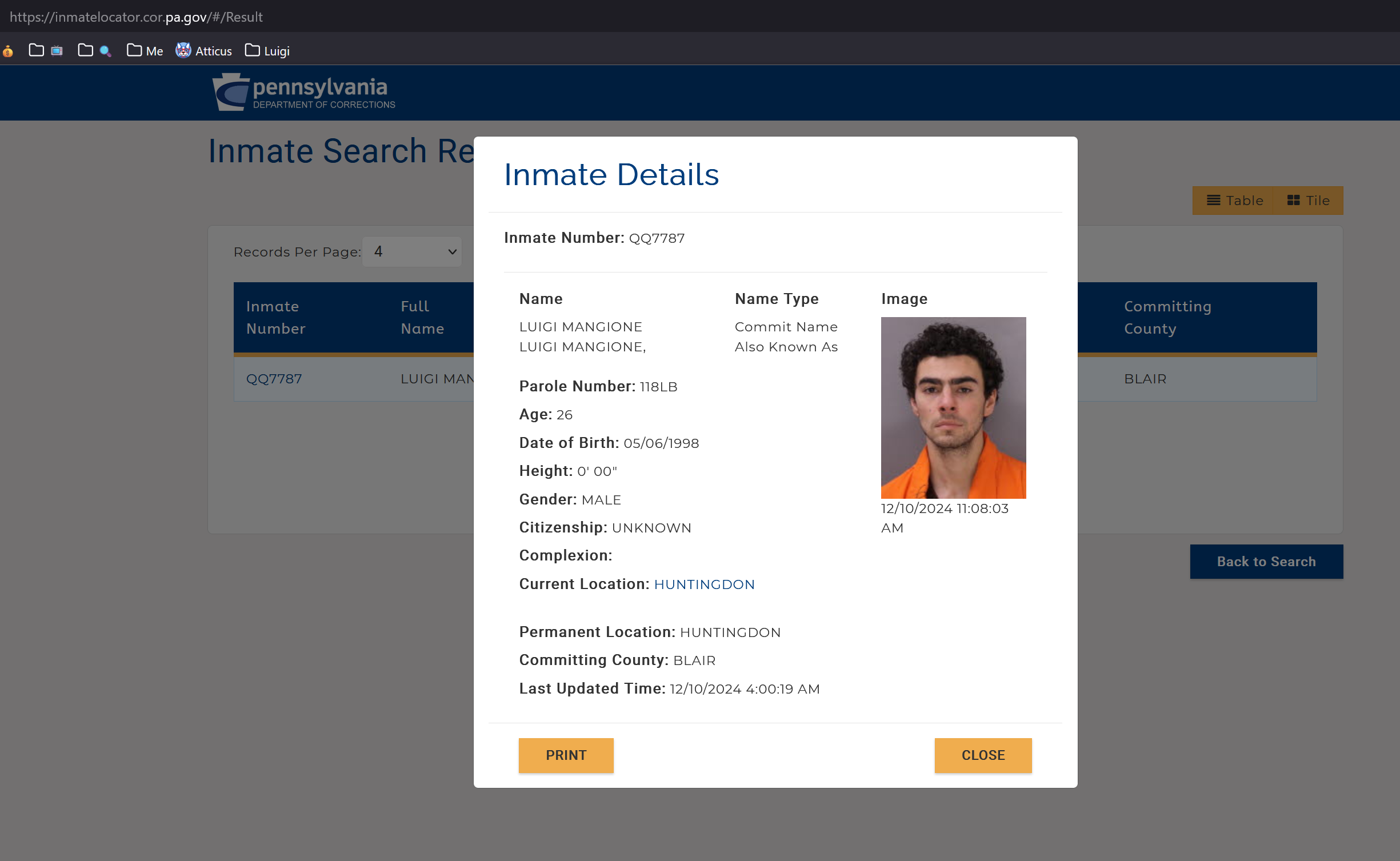 Pennsylvania Department of Corrections inmate search results for Luigi Mangione