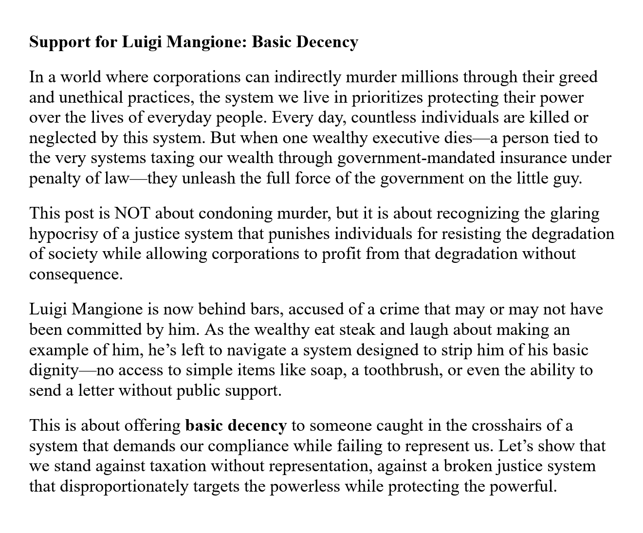 Support for Luigi Mangione: Basic Decency - Community organizing document