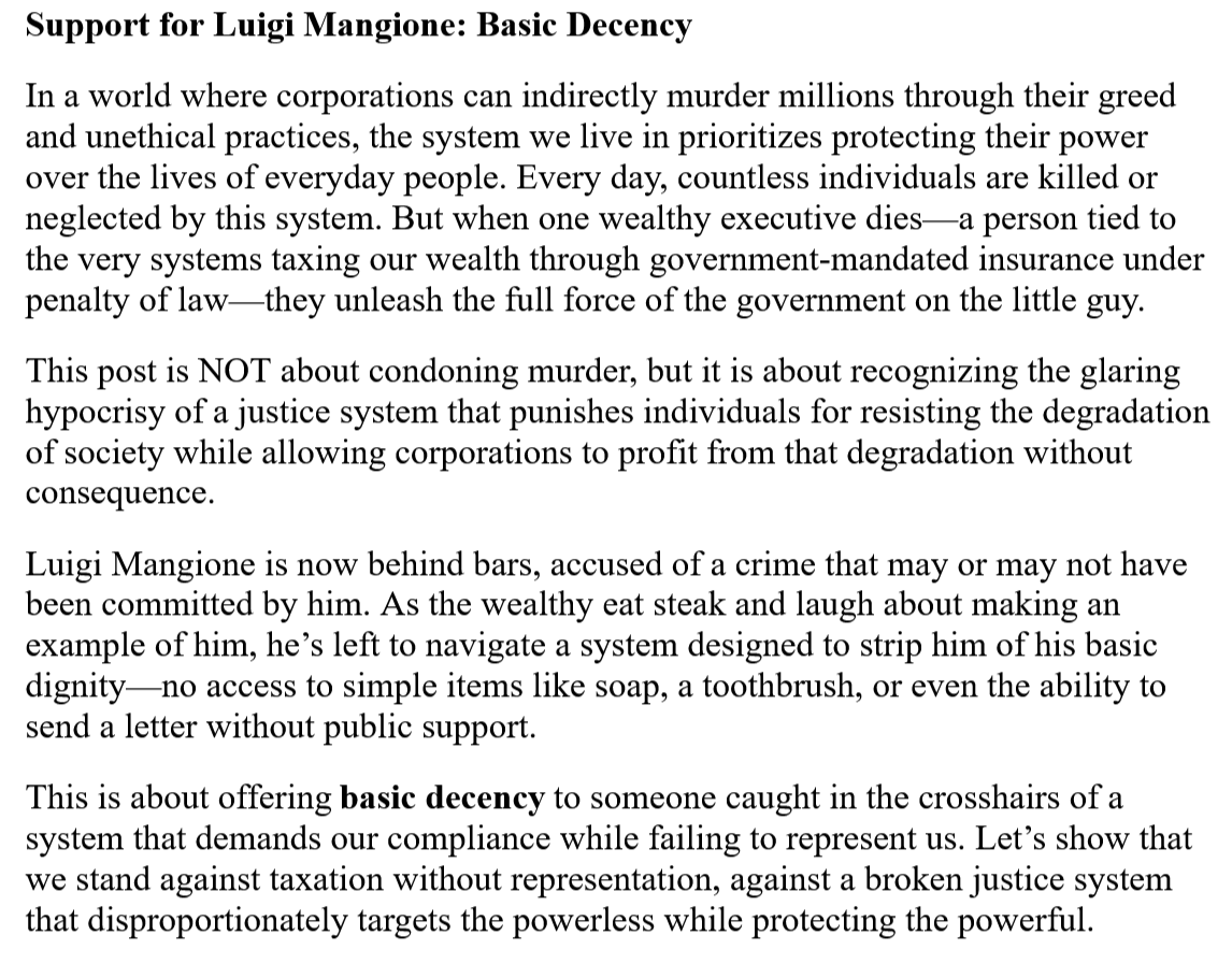 Basic decency support movement for Luigi Mangione