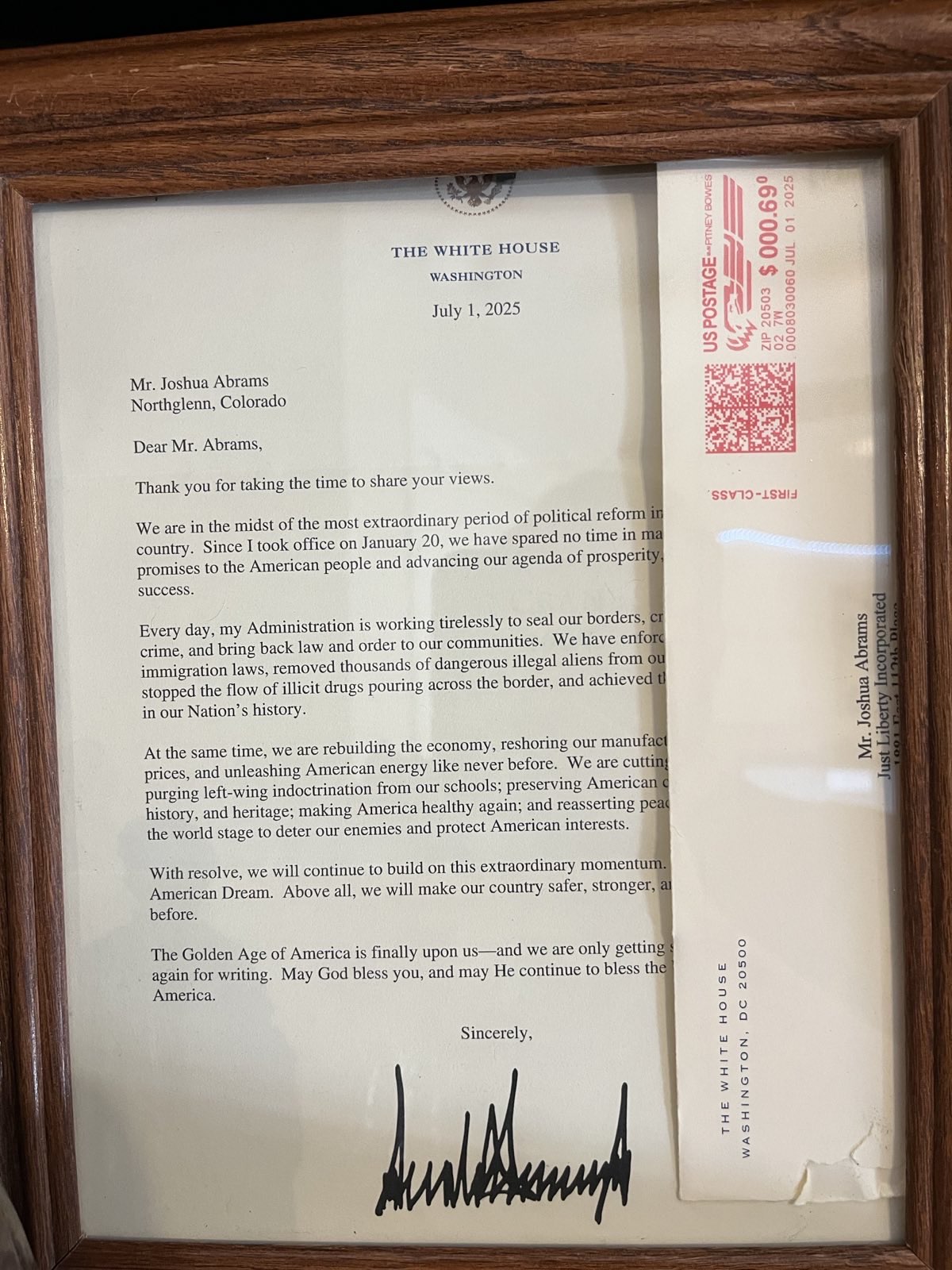 Correspondence addressed to Joshua Abrams, July 2025